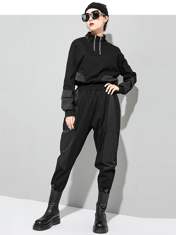 Urban Black Drawstring Split-Joint High-Waist Casual Pants