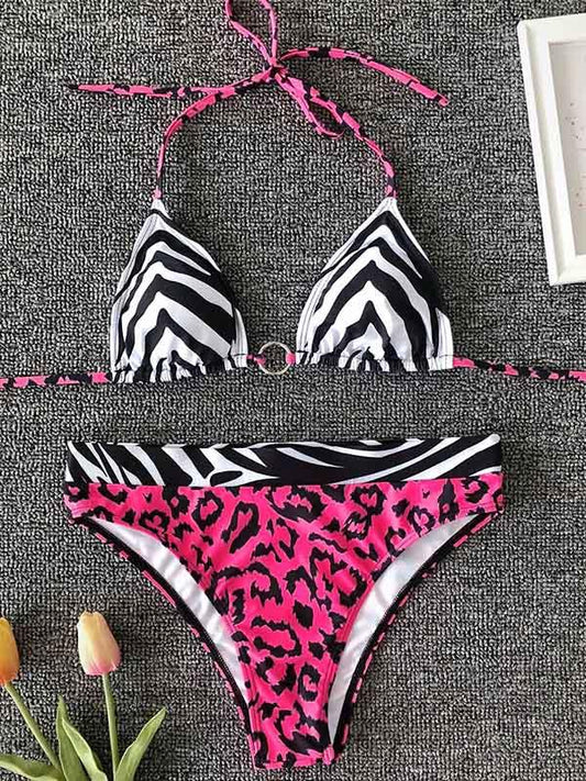 Animal Print Split-Joint Triangles Split Bikini Swimsuit