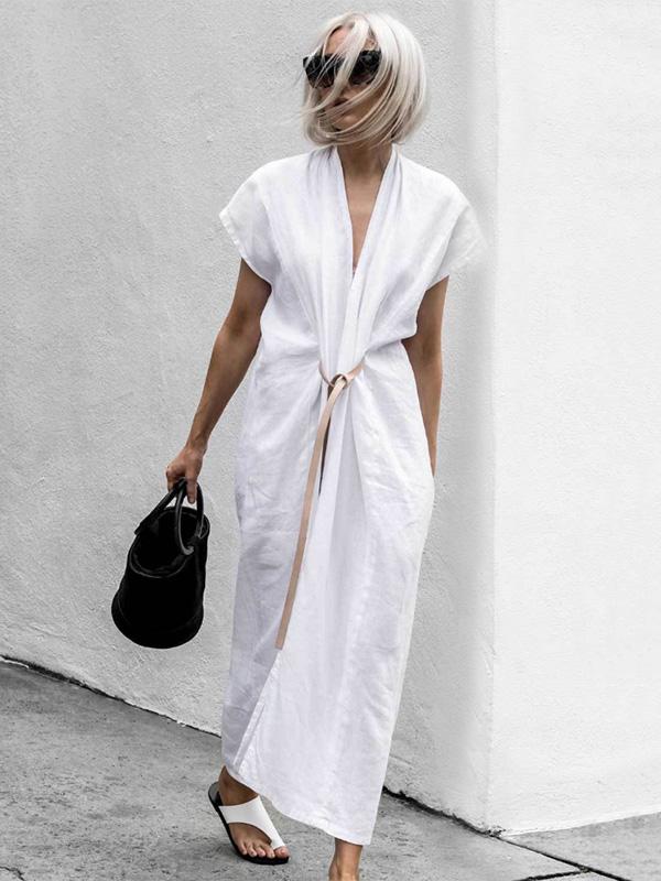 White Lace-up V-neck Simple Linen Dress