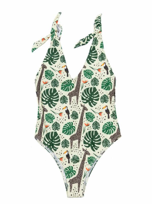 Deep V-Neck Shoulder Bandage Forest Print One-Piece Swimwear