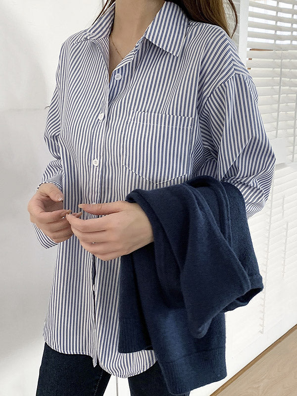 Simple Striped Buttoned Lapel High-Low Long Sleeves Blouse Tops