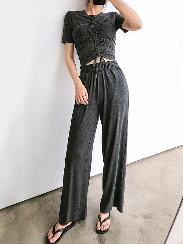 Drawstring Pleated Tees And Wide Leg Pants Suits