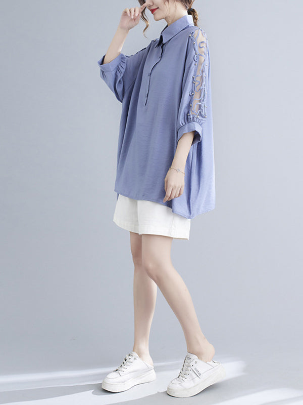 Casual Split-Joint Lace Hollow Seven-Quarter Sleeves Blouses Top