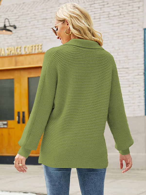 Long Sleeves Solid Color Lapel V-Neck Sweater Tops