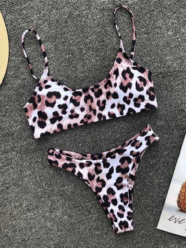 Leopard Plunge Neck Top With Panty Bikini Set