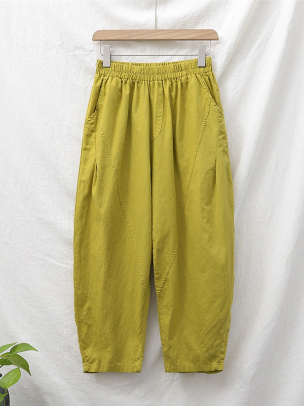 Simple Loose Linen Solid Color Split-Joint Pleated Drawstring Casual Pants