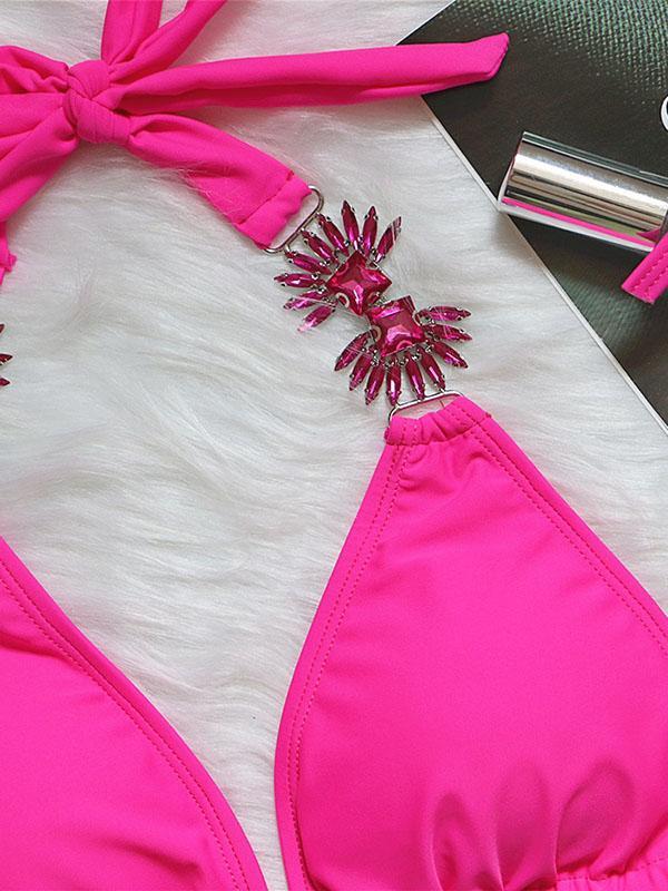 Gorgeous Embellished Solid Color Triangles Knotted Split Bikini Swimsuit