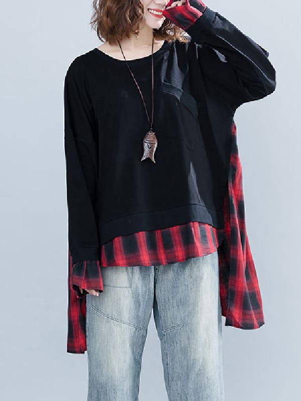 Loose Oversize Split-joint Plaid Sweatshirt