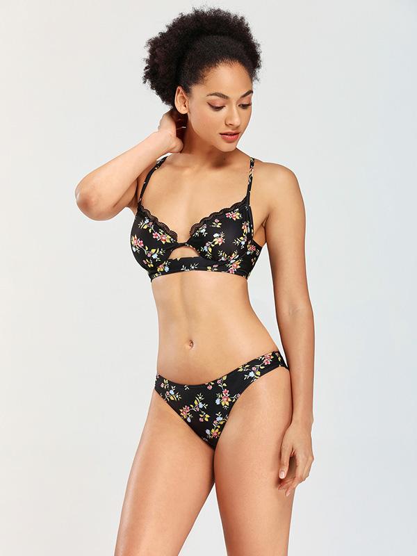 Floral-Print Hollow Split Bikini Swimsuit