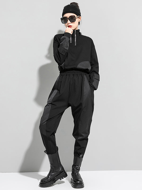 Urban Black Drawstring Split-Joint High-Waist Casual Pants