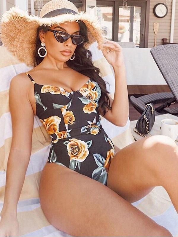 Sexy Spaghetti-Neck Sash Flowers One-Piece Swimwear