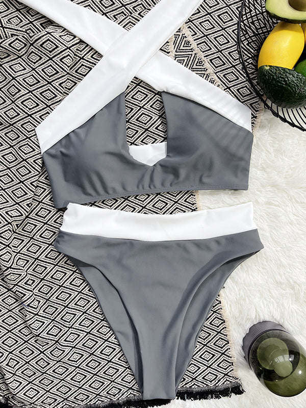 Contrast Color Split-Joint Hollow Bikini Swimsuit