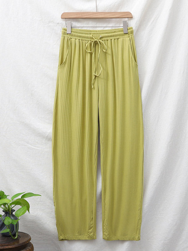 Casual Loose Solid Color Round-Neck Half Sleeves T-Shirt&Drawstring Pleated Wide Legs Pants 2 Pieces Set