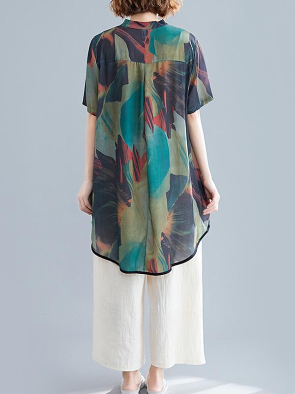 Chiffon Printed Short Sleeves Shirt + Wide Leg Pants Suits