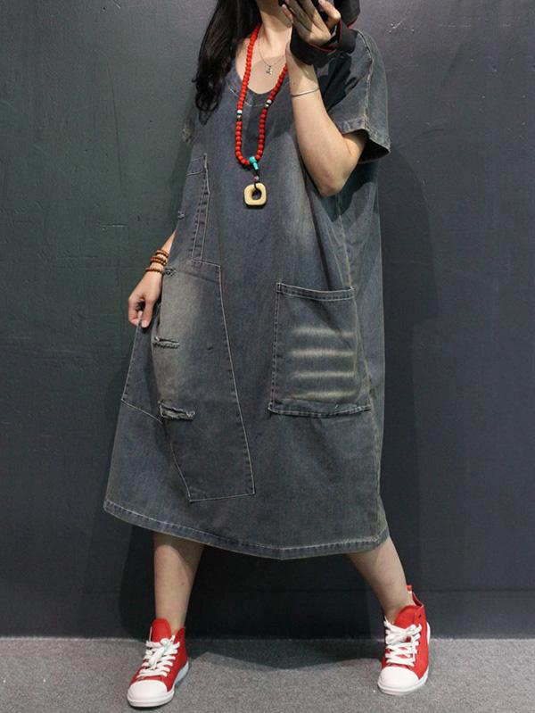 Retro Jean V-neck Dress