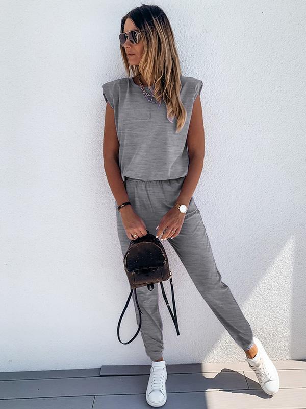 Casual Solid Color Shoulder Pad Tees&Pants Suits