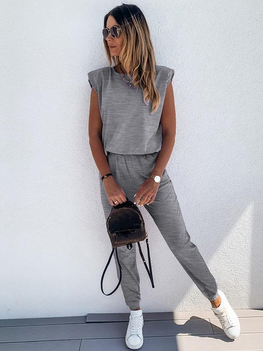 Casual Solid Color Shoulder Pad Tees&Pants Suits