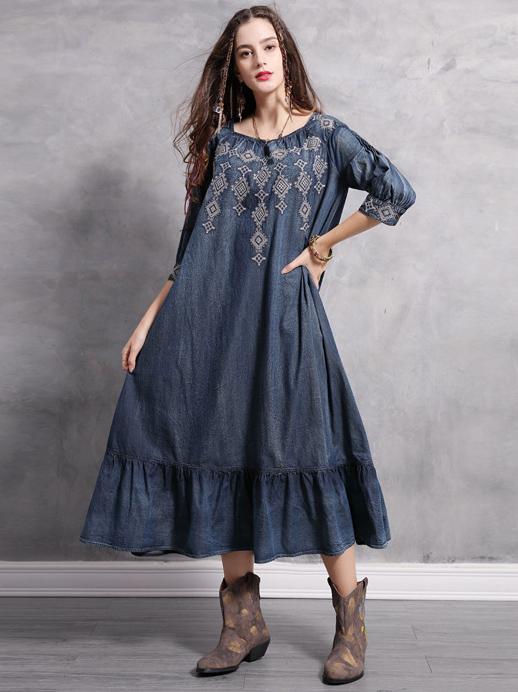 Plus Size Loose Embroidered Ruffled Midi Dresses