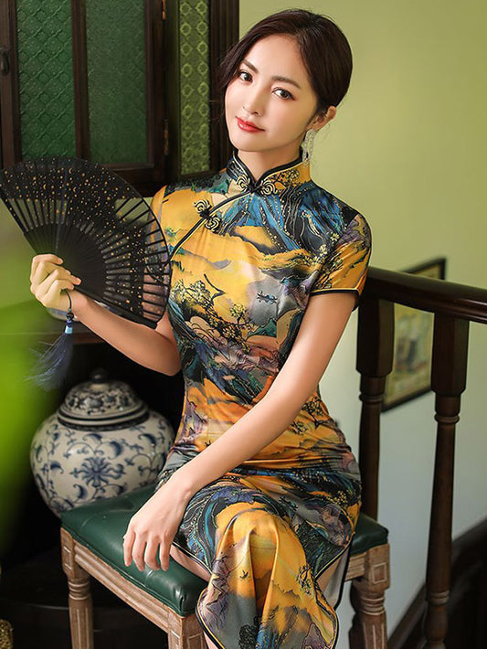 Vintage Satin Printed Split-Side Short Sleeve Long Cheongsams