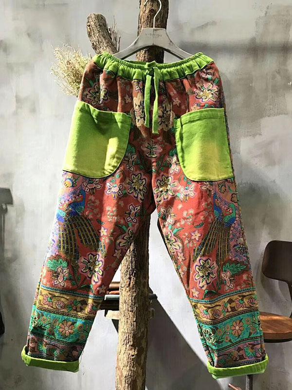 National Floral Print Split-joint Harem Pants