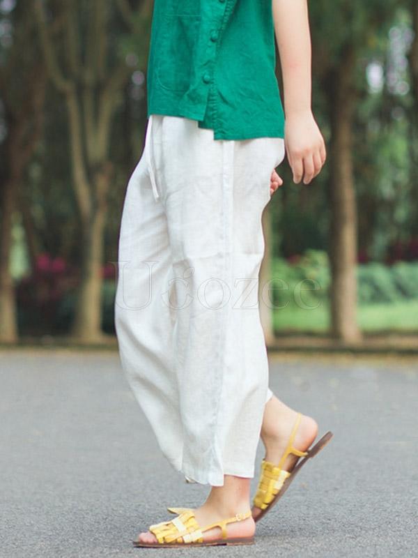 Retro Linen Drawstring Wide Leg Pants