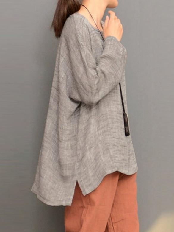 Loose Linen Round-neck Split-joint Long Sleeves T-shirt