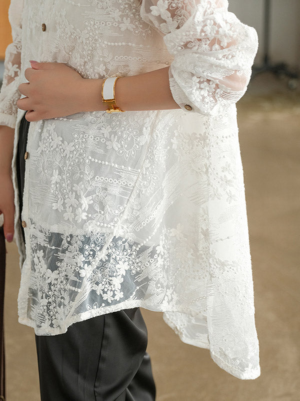 Artistic Retro Solid Color Lace Embroidered Buttoned Lapel Collar Blouse