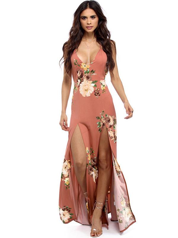 Sexy V-Neck Printed Spaghetti-Neck Split-Front Maxi Dresses