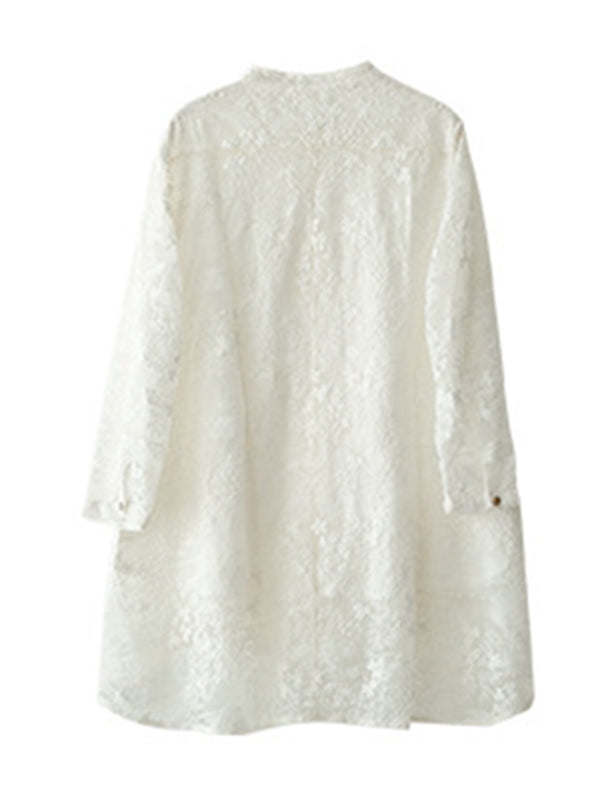 Artistic Retro Solid Color Lace Embroidered Buttoned Lapel Collar Blouse