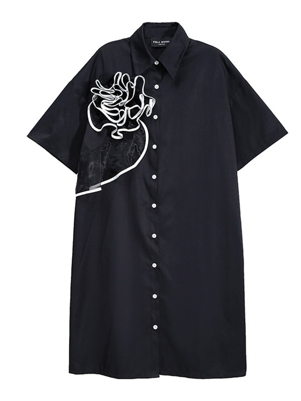 Original Flower-Embellished Lapel  Split-Joint Shirt Dress