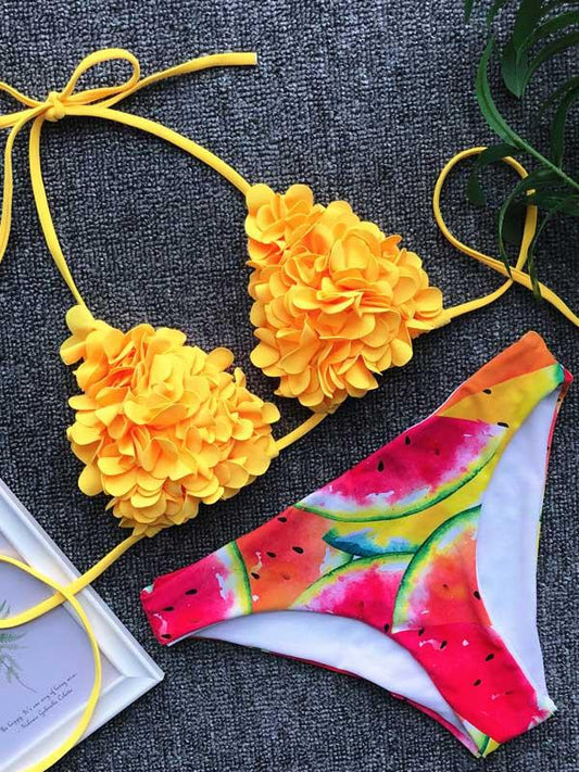 Plain Triangle Top With Printed Panty Bikini Set