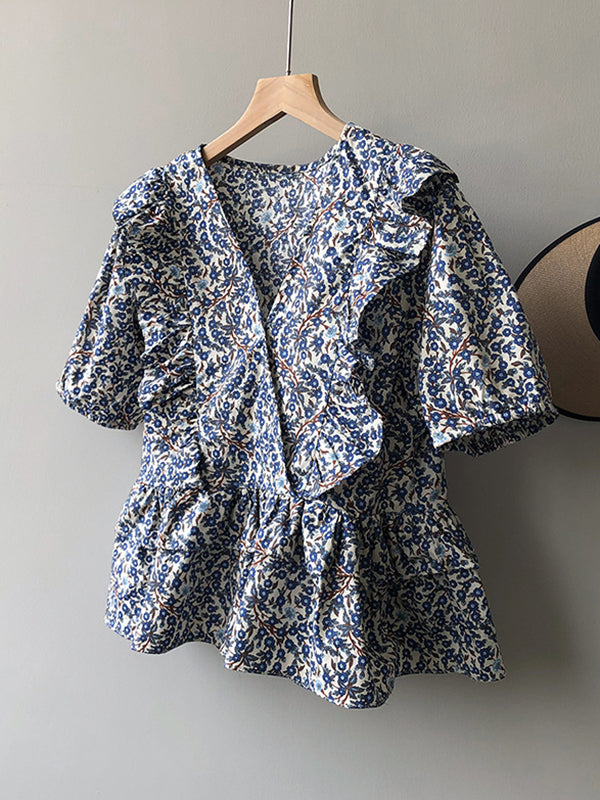 Vintage Loose Falbala Puff Sleeves Floral Printed Blouse