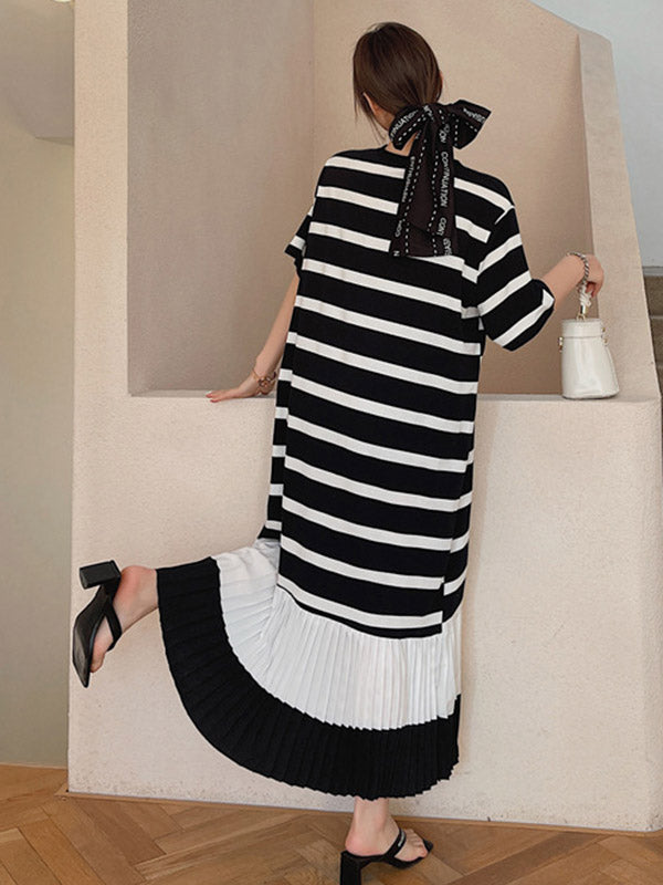 Original Split-Joint Pleats&Stripe Round-Neck Short Sleeve Midi Dress