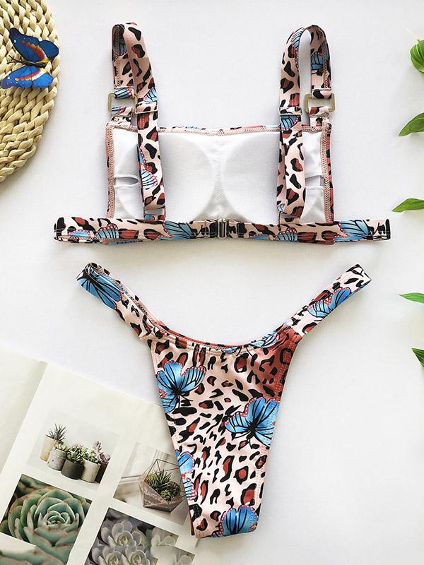 Sexy Strapless Metal Ring Printing Split Type Bikini Swimsuit