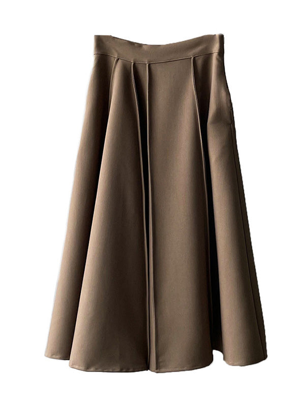 Simple Loose Solid Color Pleated A-Line High-Waist Long Skirt