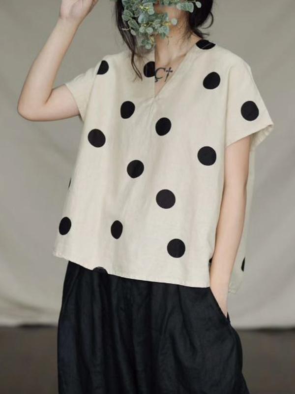 Literary Original Polka-dot V-neck Linen T-shirt