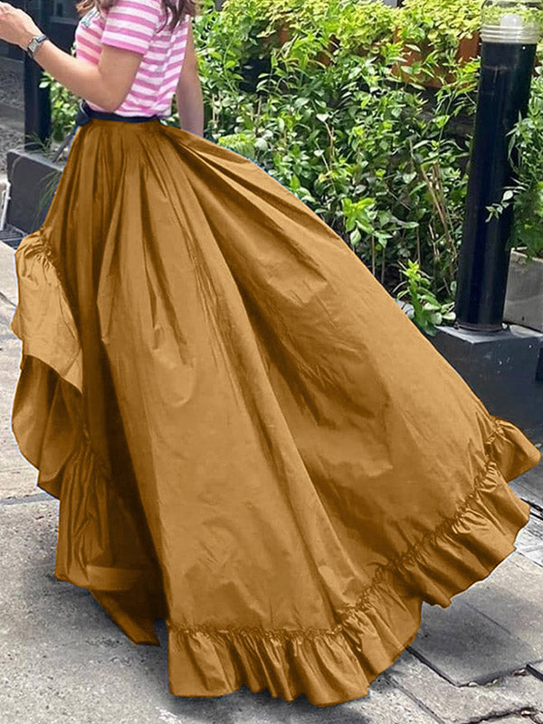 Stylish Solid Color Falbala Pleated Elasticity High-Low Long Skirt