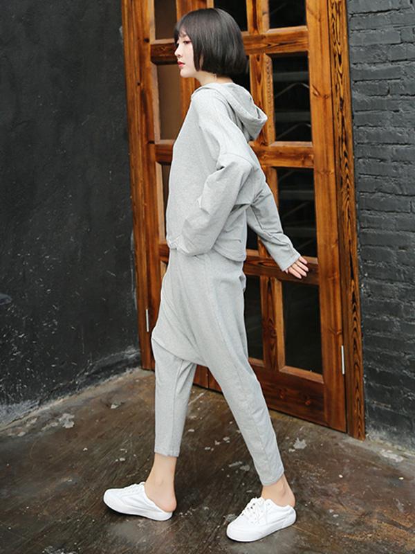 Light Gray Casual Solid Hoodie&Pants Suits