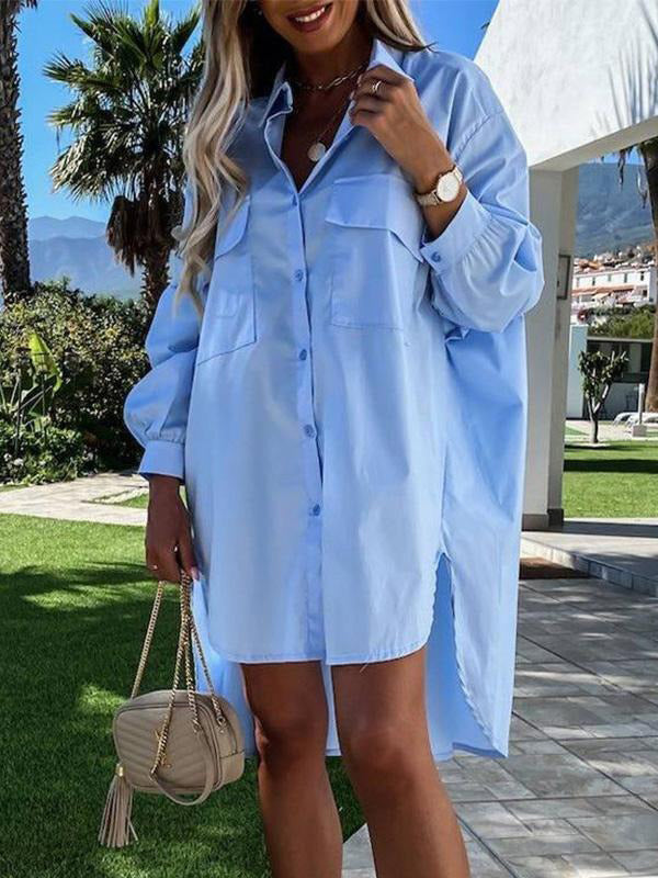 Casual Long Sleeves High-Low Solid Color Lapel Mini Dresses Blouses Shirt Dress