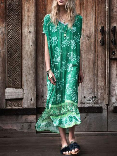 Green Printed V-neck Cover-up Swimwear