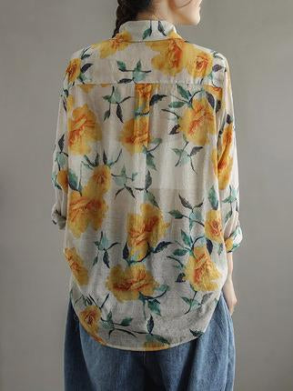 Artistic Retro Floral Lapel Shirt Blouse Tops