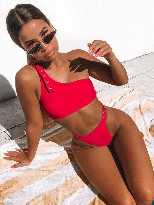 One-shoulder Plain Bikini Swimsuit