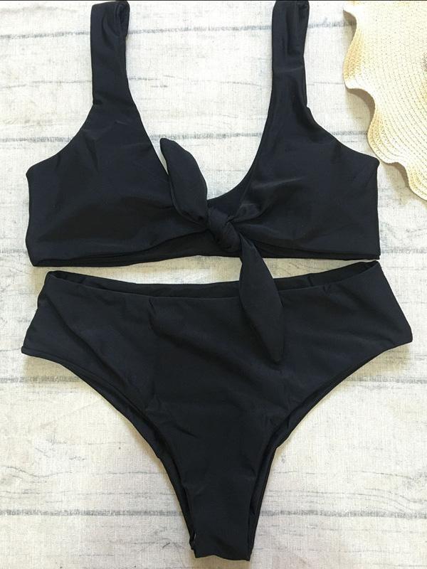 High Waisted Knot Plain Bikinis Swimwear