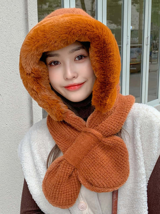 Casual Warm Solid Color With Scarf Knitted Hat