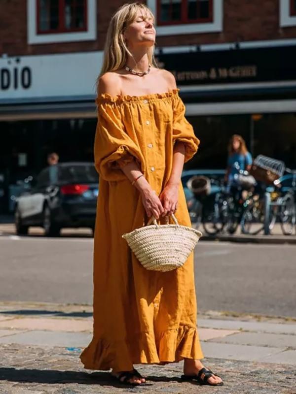 Off-the-shoulder Puff-sleeves Maxi Dress