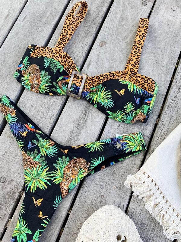 Sexy Leopard Print Square Buckle Spaghetti-Neck Bikini Swimwear