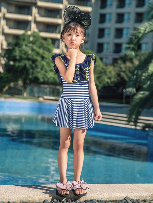 AONIHUA Ruffled Stripes Dress Swimwear