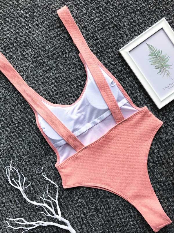 Ribbed Plain Wide Strap One-Piece Swimsuit