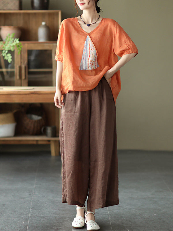 Simple Casual Vintage Ramie Cotton Wide Legs Pants