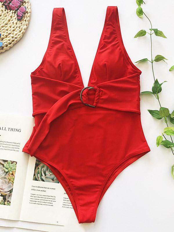 Solid Color Belted One-Piece Swimwear